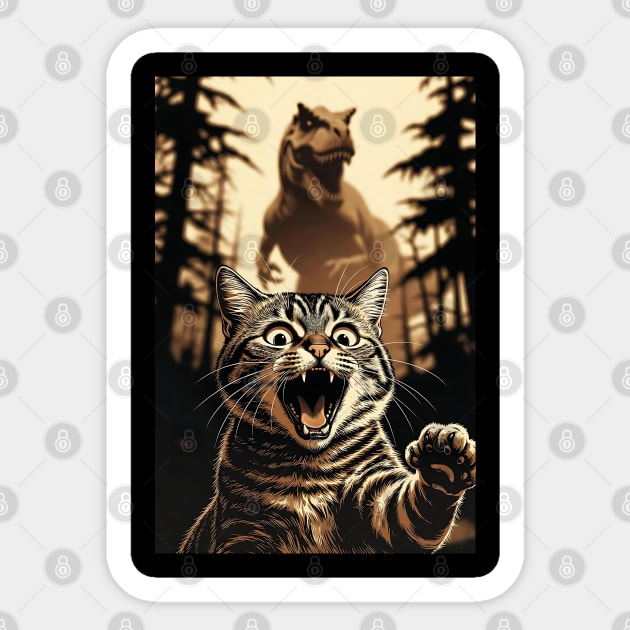 Cat Dinosaur Gift for Women, Men & Kids, Scared Cat Selfie with Dinosaur Sticker by Pixel Threads 